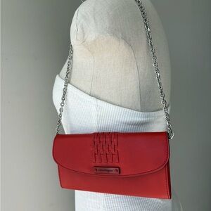 Salvatore Ferragamo Red Leather Woven Flap Wallet with Silver Chain insert
